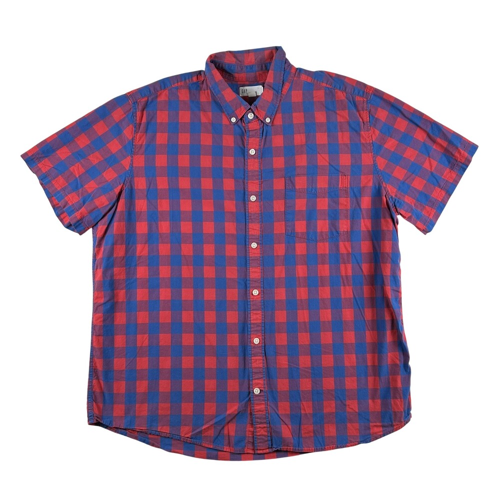 Gap Shirt Mens XL Red Blue Check Short Sleeve Button Down Cotton Casual